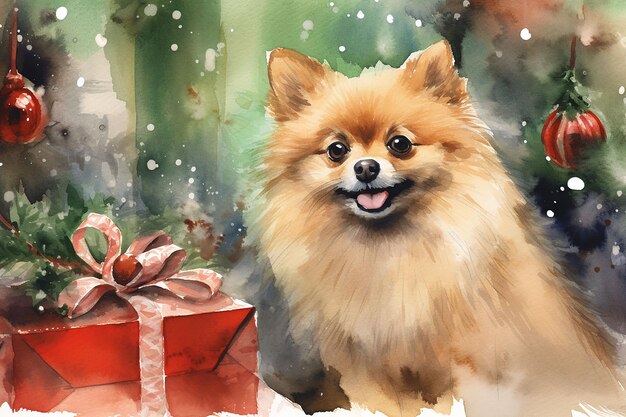 Pommerscher Hund mit Weihnachtsgeschenkbox Aquarellmalerei