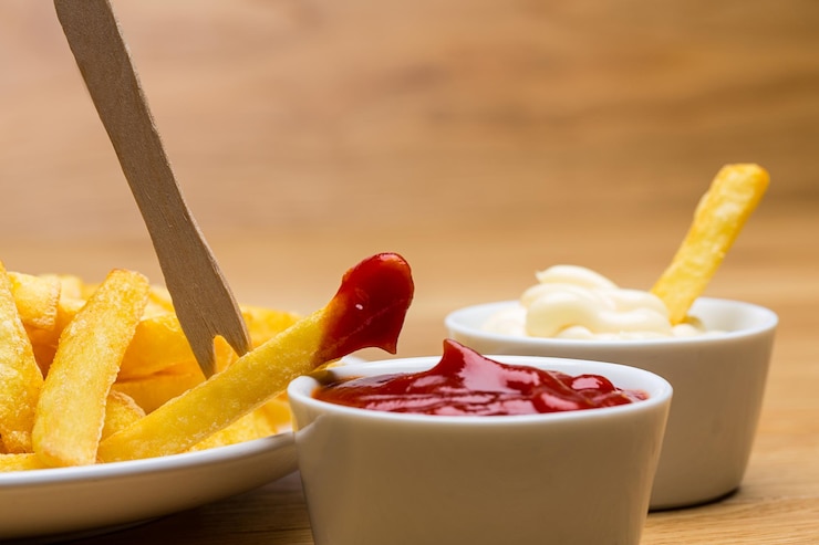 Foto pommes fritas com ketchup e maionese