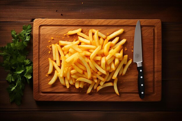 Foto pommes frites auf einem holz-schneidbrett mit 104 blöcken.