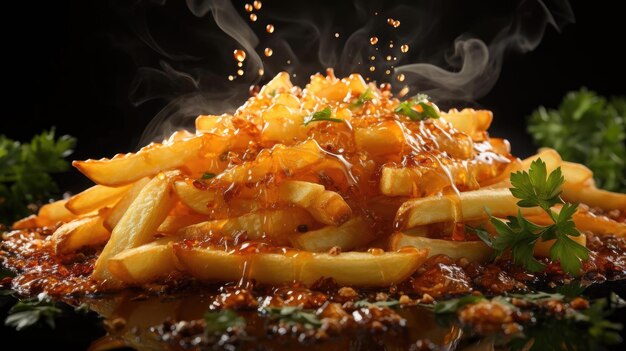 Pommes Frites auf einem Holztisch auf schwarzem Hintergrund mit filmischem Licht