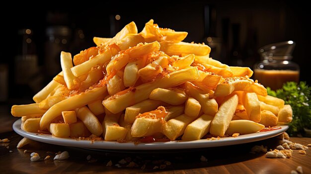 Foto pommes frites auf holztisch auf schwarzem hintergrund mit filmischem licht