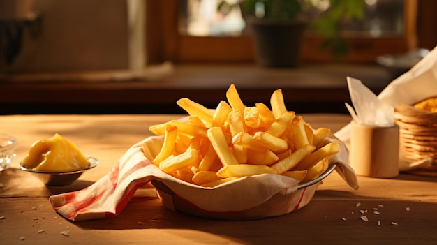 Pommes-Frites auf Holztisch