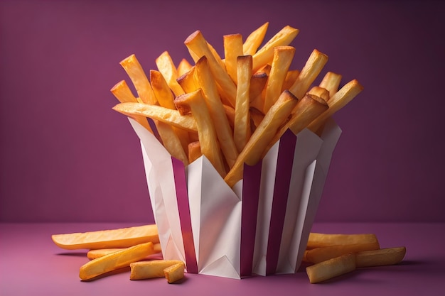 Foto pommes frites in einer papierkiste auf lila hintergrund fast-food-konzept generativ ai