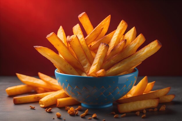 Pommes Frites in einer Schüssel auf rotem Hintergrund Selektiver Fokus ai generativ