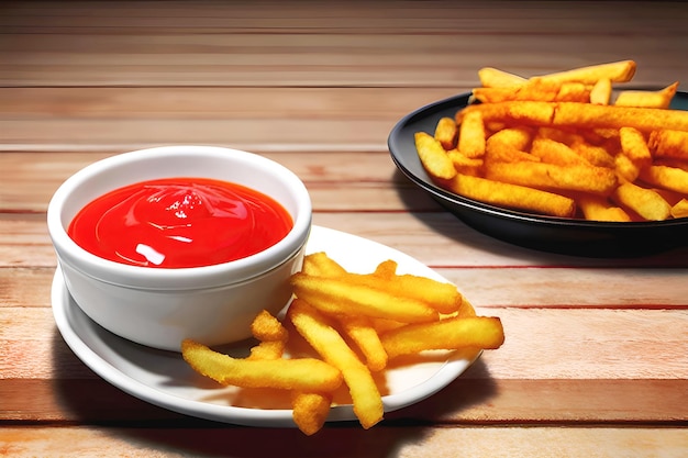 Pommes frites mit Ketchup auf einem Holztisch. Selektiver Fokus