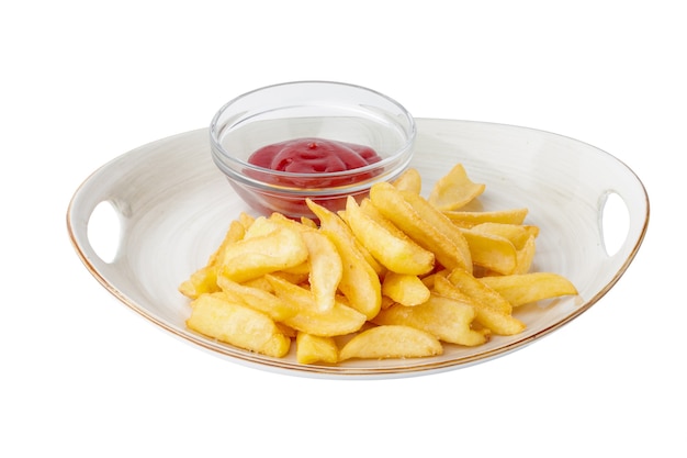 Pommes Frites mit Ketchup-Sauce auf weißem Teller