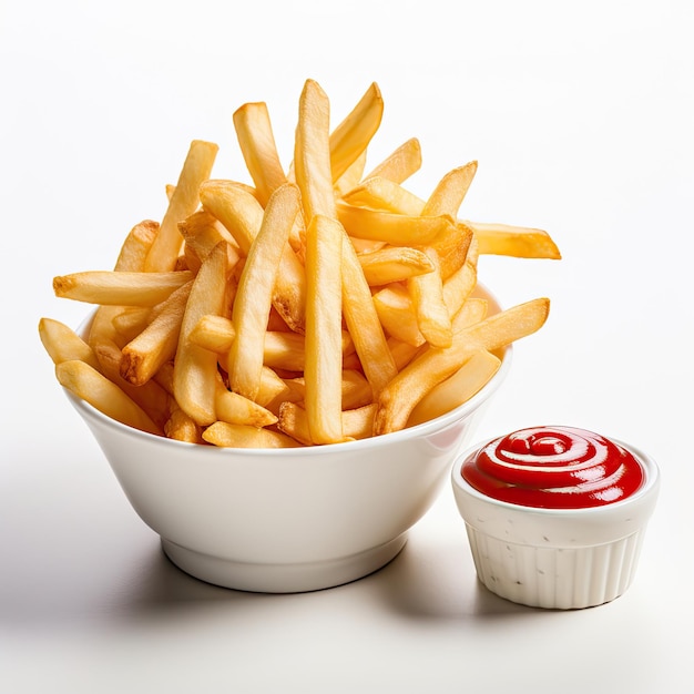 Pommes Frites mit Ketchup und Mayonnaise auf weißem Hintergrund