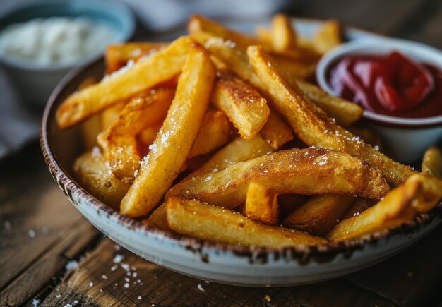 Foto pommes frites mit ketchup und petersilie auf einem rustikalen holztisch