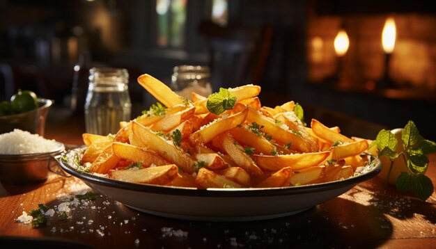 Pommes frites mit Salz und Petersilie auf einem Holztisch in einem Restaurant