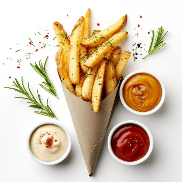 Pommes Frites mit Saucen auf einem weißen Tisch