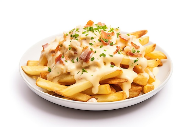 Pommes frites mit Speck und Käse auf weißem Hintergrund