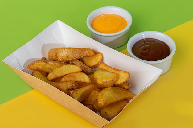 Pommes frites mit zwei Saucen in einem Pappteller Fast Food Farbiger Hintergrund