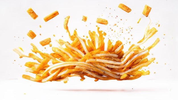 Foto pommes frites oder kartoffelchips mit salz und ketchup