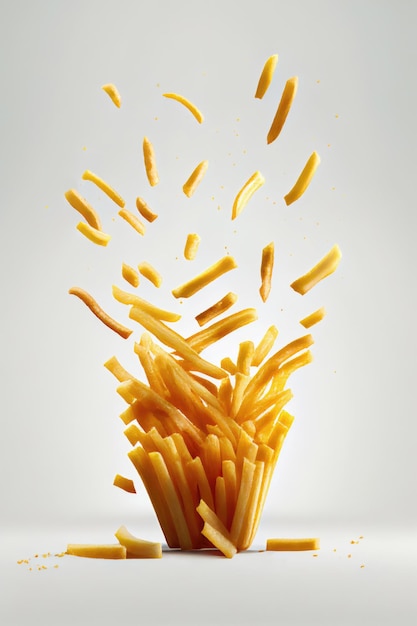 Pommes frites schweben auf grauem Hintergrund Fotorealistisches Fastfood