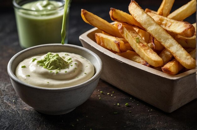 Foto pommes frites serviert mit einer seite von wasabi-mayo für eine