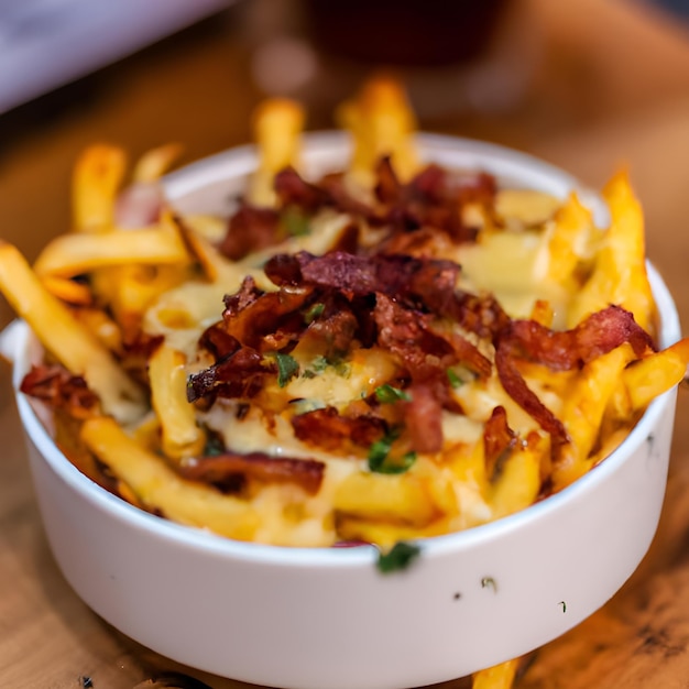 Pommes Frites und Käse mit Speck darauf in einer weißen Schüssel