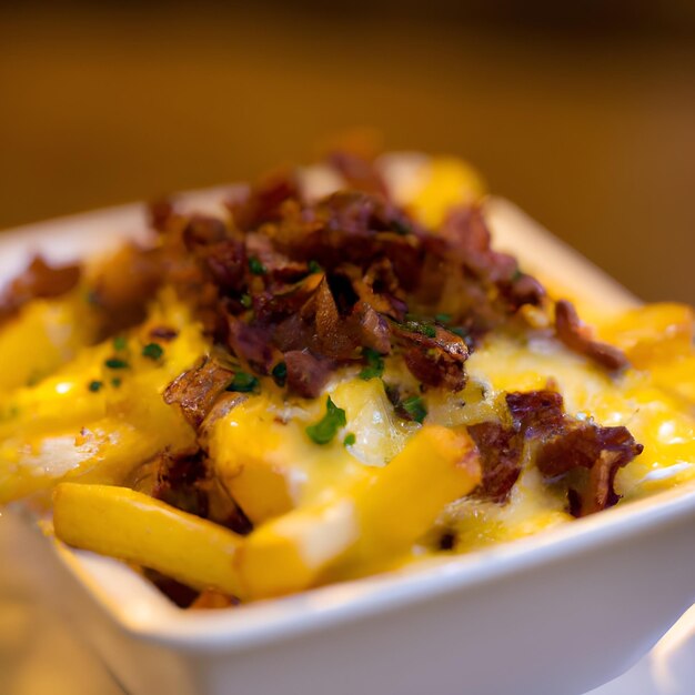 Pommes Frites und Käse mit Speck darauf in einer weißen Schüssel