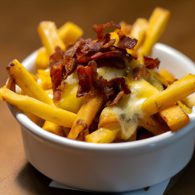 Pommes Frites und Käse mit Speck darauf in einer weißen Schüssel