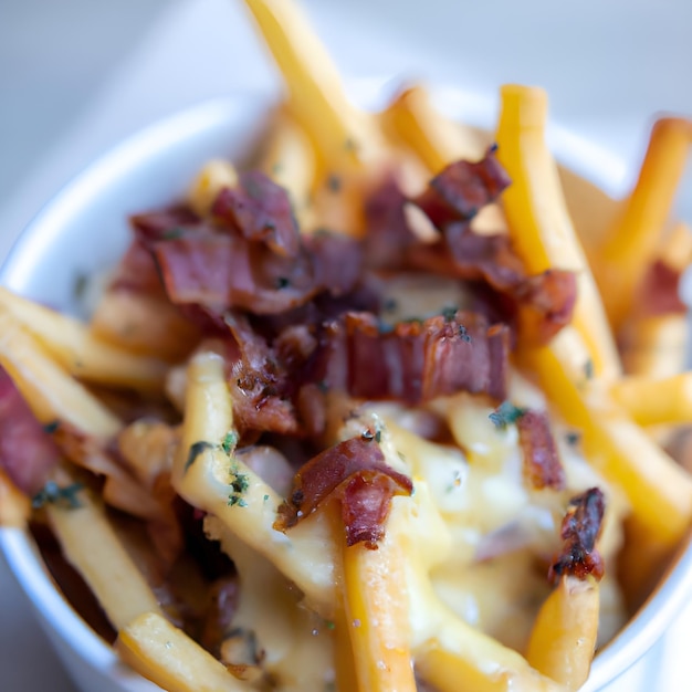 Pommes Frites und Käse mit Speck darauf in einer weißen Schüssel