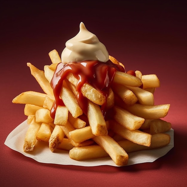 Pommes mit Ketchup und Ketchupsauce auf rotem Hintergrund, generative KI