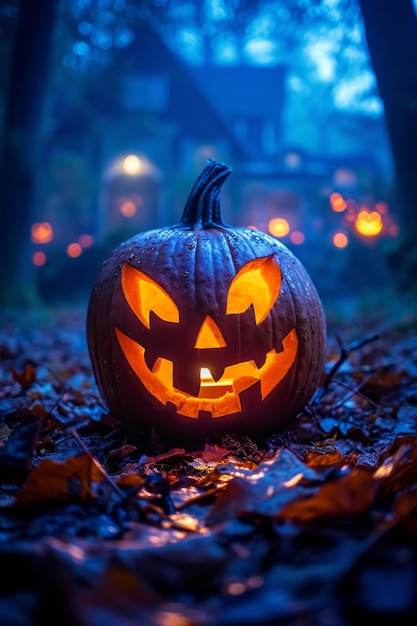 Pompinha noite de Halloween na natureza com olhos ardentes atmosfera escura