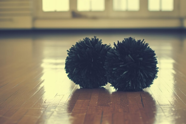 Pompoms negras de cheerleading no chão de madeira do ginásio