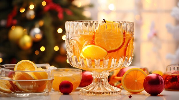 Ponche navideño, una tradicional bebida alcohólica con sabor a fruta en un recipiente de cristal con rodajas de naranja