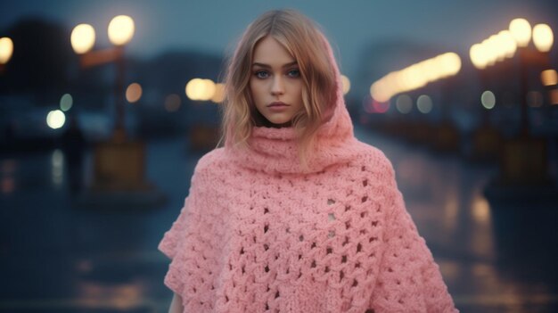 Un poncho de cinta rosa para una noche fría