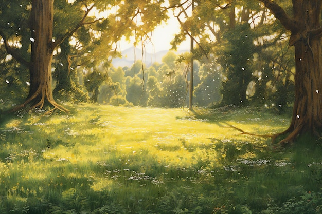 Poner el sol en el bosque Pintura digital Paisaje de primavera Prado verde