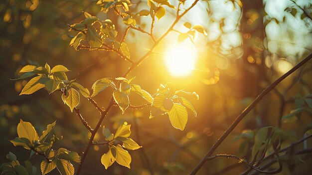 Poner el sol en el bosque de primavera IA generativa