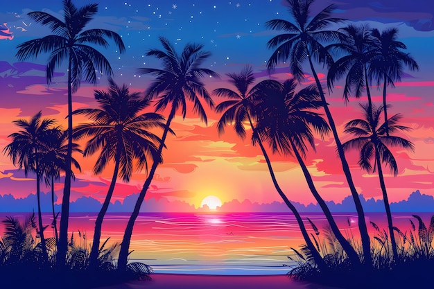 Ponerse el sol en la playa tropical con palmeras y fondo oceánico