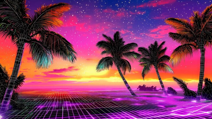 Ponerse el sol retro con palmeras brillantes cuadrícula y estrellas