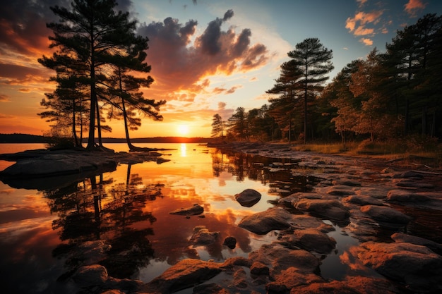 Ponerse el sol sereno sobre el río y los árboles generativo IA