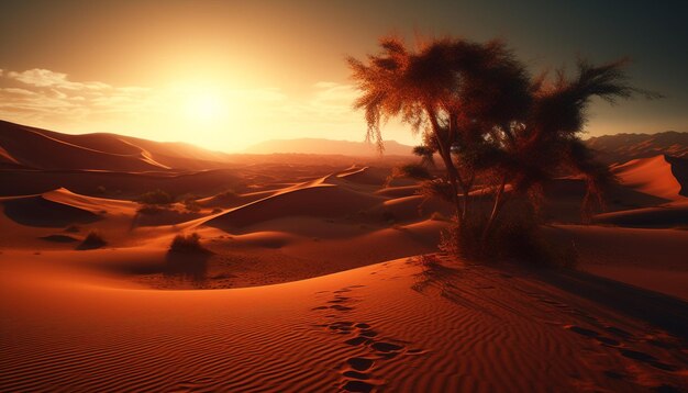 Ponerse el sol tranquilo sobre las palmeras del paisaje árido africano y las olas generadas por la IA