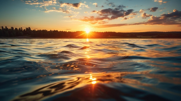 Ponerse el sol de verano naranja en el río