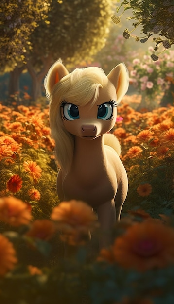 Un poni en un campo de flores.