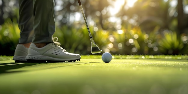Poniendo en el golfista profesional verde con el club y la pelota concepto de golf deportivo profesional Green Club