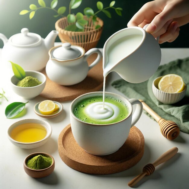 Poniendo leche en el té Matcha Ceremonia del té de la mañana serena