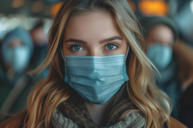 Foto poniéndose una máscara respirable en la terminal del aeropuerto