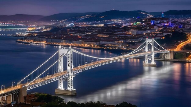 Ponte 25 de Abril sobre o rio Tejo, cercada por colinas e luzes à noite.