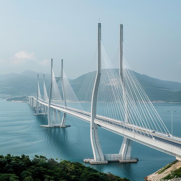 Foto ponte arafed que abrange a largura do oceano com um barco na água gerador ai