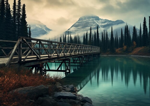 ponte arafed sobre um lago com uma montanha no fundo generativo ai