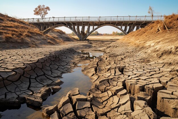 Foto ponte arafed sobre um rio seco com uma ponte ao fundo generativa ai