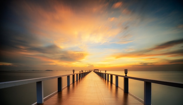 Ponte arborizada à beira-mar com o pôr do sol