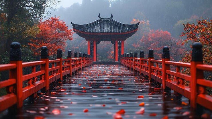 Foto ponte arrafada com corrimões vermelhos e um pagode ao fundo