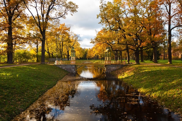 Ponte chinesa em Alexander Park no outono em outubro O plano de fundo