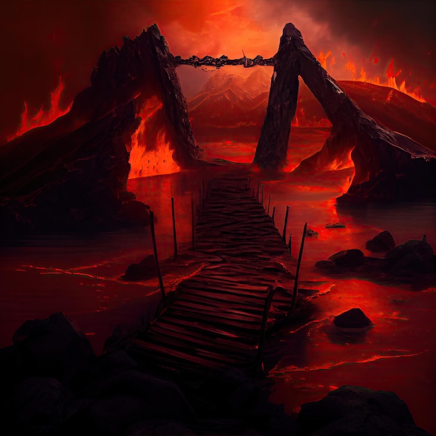 Foto ponte colocada sobre o rio de lava ardente e os portões do inferno