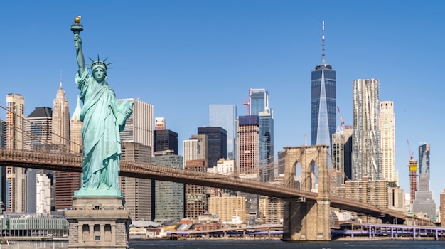 Foto ponte de brooklyn e a estátua da liberdade