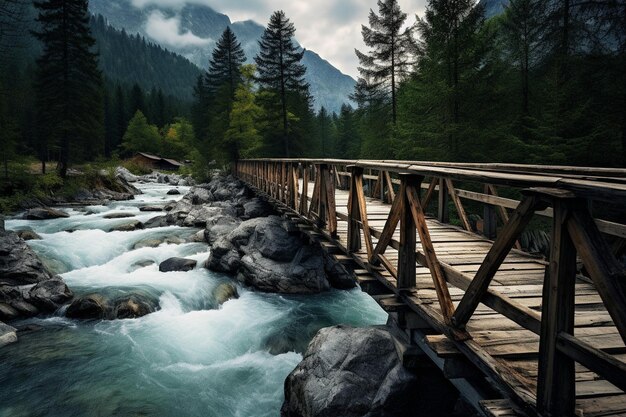 Ponte de madeira atravessando um rio de montanha acelerado