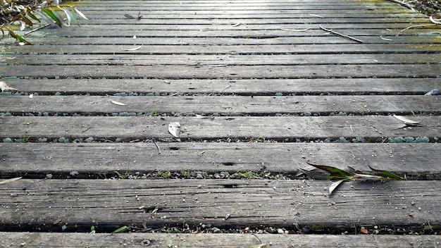 Foto ponte de madeira com slats velhos e cinza e ramos de salgueiro